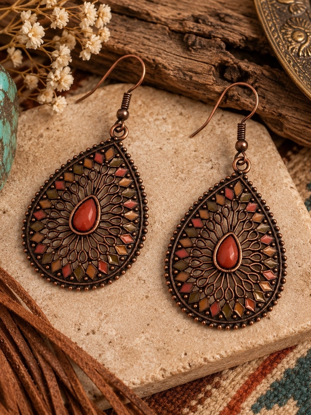 Bohemian Wester Teardrop Copper Earrings in Rust Bronze New